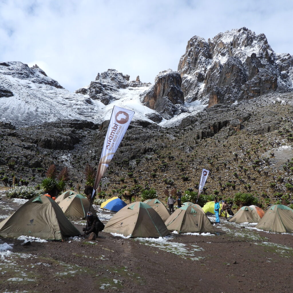 Shipton’s Camp on Mount Kenya Sirimon Route with views of Batian and Nelion peaks
