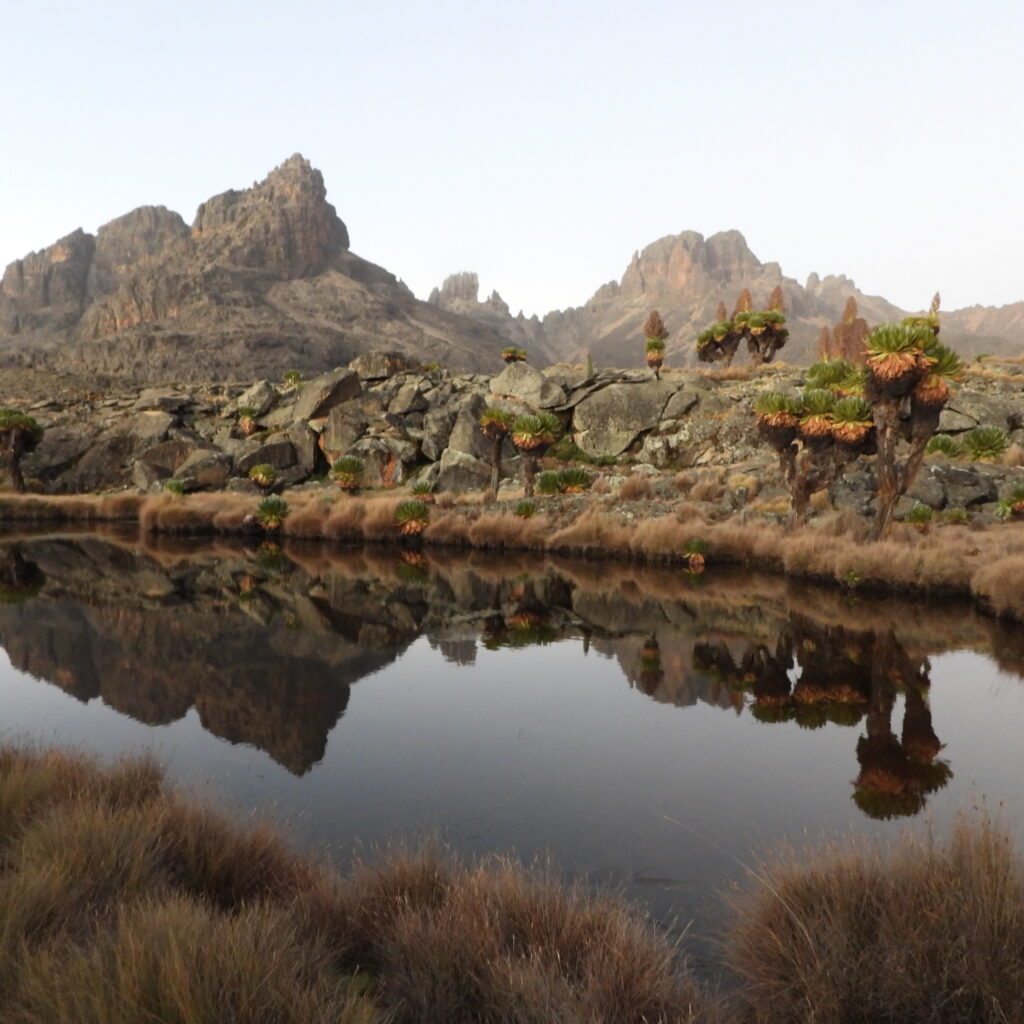 Hall Tarns on Mount Kenya’s Chogoria Route with reflections of Batian and Nelion peaks in still alpine waters