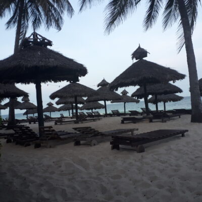 Thatched sunshades and loungers on Diani Beach with palm trees and turquoise Indian Ocean waters under a calm sky