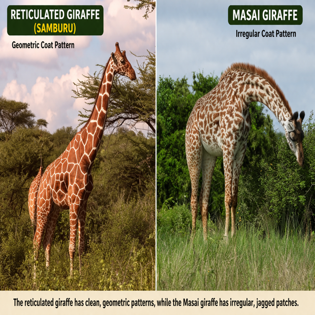 Reticulated giraffe vs Masai giraffe comparison showing geometric and irregular coat patterns in Kenya safari